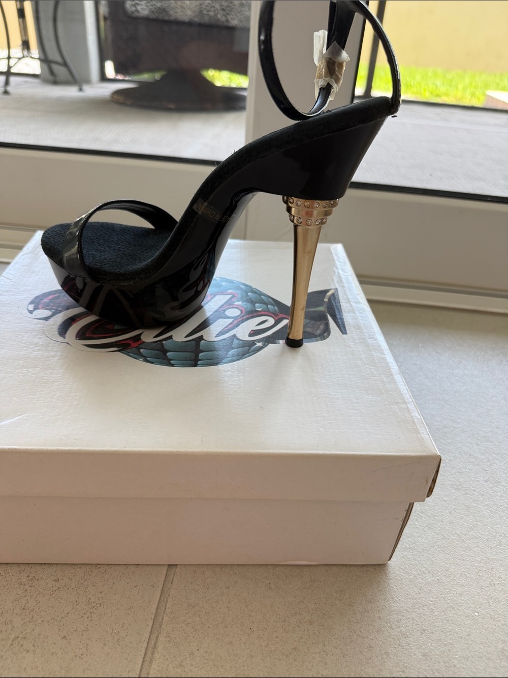 Ellie Black Patent Strap Ankle-Heel Sandals - Picture 4 of 6